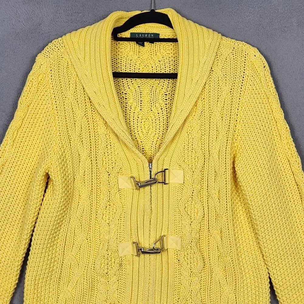 Lauren Ralph Lauren Sweater Womens Large Yellow Cotton Cable Zip Toggle Cardigan